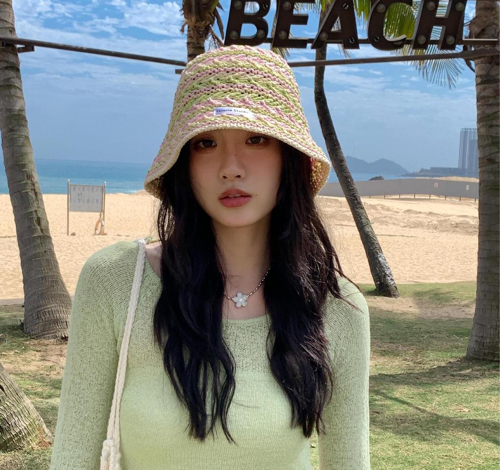 Ladies' BucketHat Korean Knitted Striped Verstaile Hollow Breathable Bucket Hat Beach Vacation Sunscreen Sunshade Hats For Girl