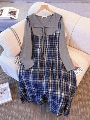 Plus Size 130-350 Jin Plaid Patchwork Long-Sleeve Dress - Autumn/Winter Fake Two-Piece Design for Women