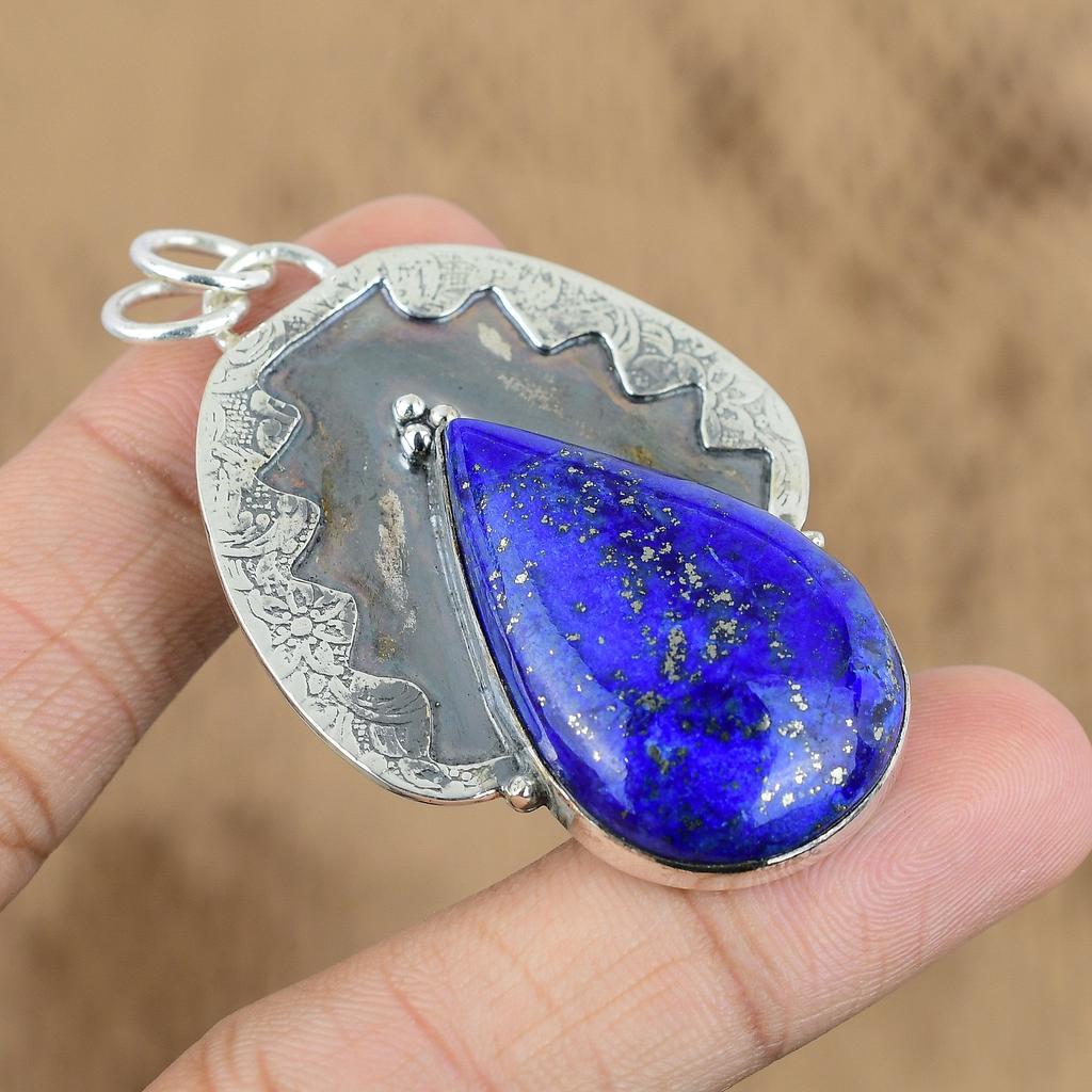 Womens day Deal 925 Silver Pear Natural Lapis Lazuli Handcrafted Mother Pendant