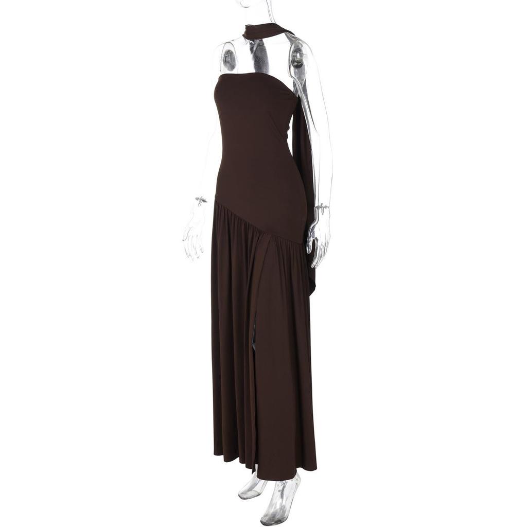 European & American Elegant Off-Shoulder Slim Fit Slit Dress with Ribbon Back