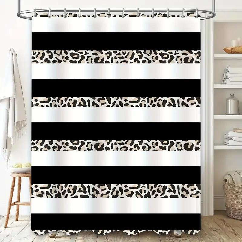 Animal Print Shower Curtain Black White Striped Design with Leopard Pattern for Bathroom Decorations Waterproof Fabric Easy Inst