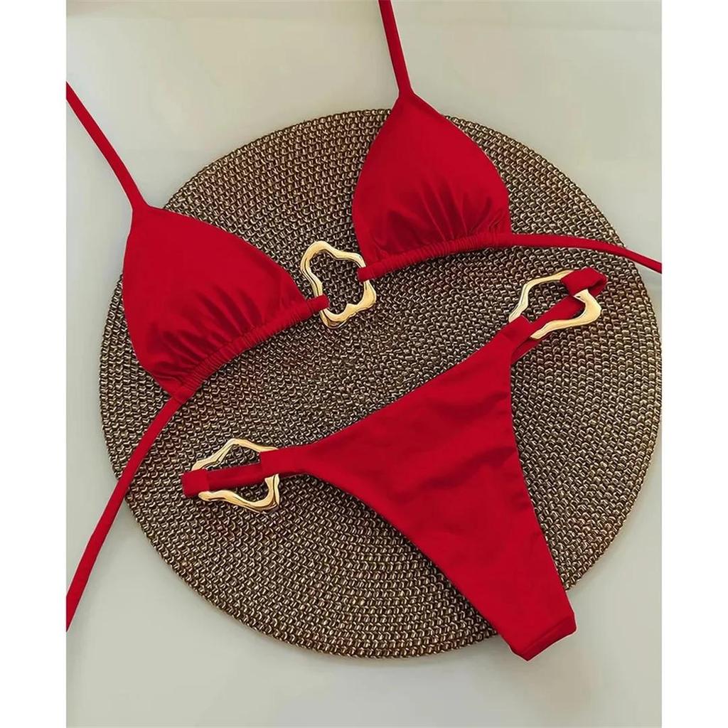 Seksowny Metalowe Pierścienie Halter Wysoki Wycięty Bok Bikini Damski Kostium Kąpielowy Kobiety Stroje Kąpielowe Dwuczęściowy Zestaw Bikini Kąpielówki Kostium Kąpielowy Pływać