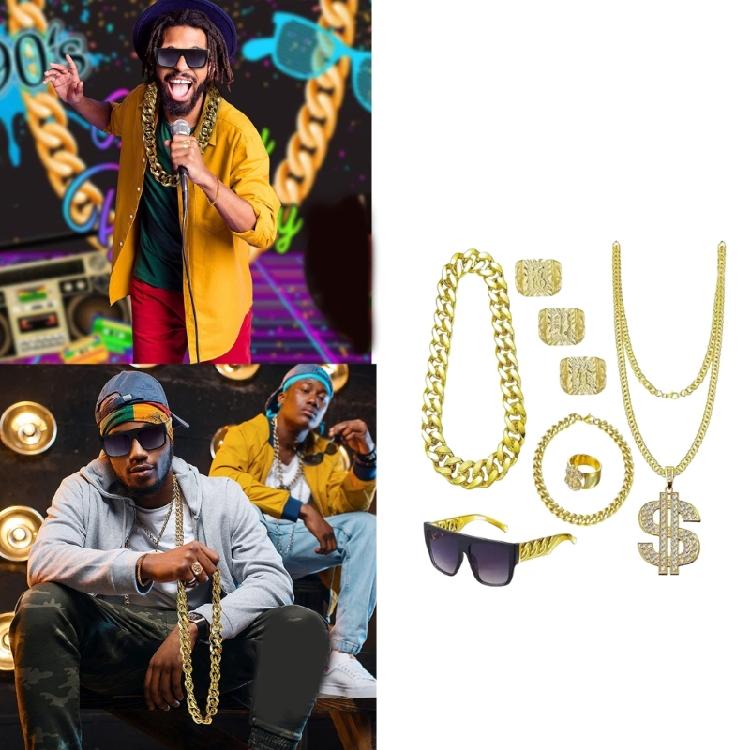 8 ks Oblečení 80. a 90. let Hip Hop Kostým Sada Cool Rapper Doplňky Zlatý Řetízek, Zlatý Náramek, Sluneční Brýle, Prsteny Náhrdelník