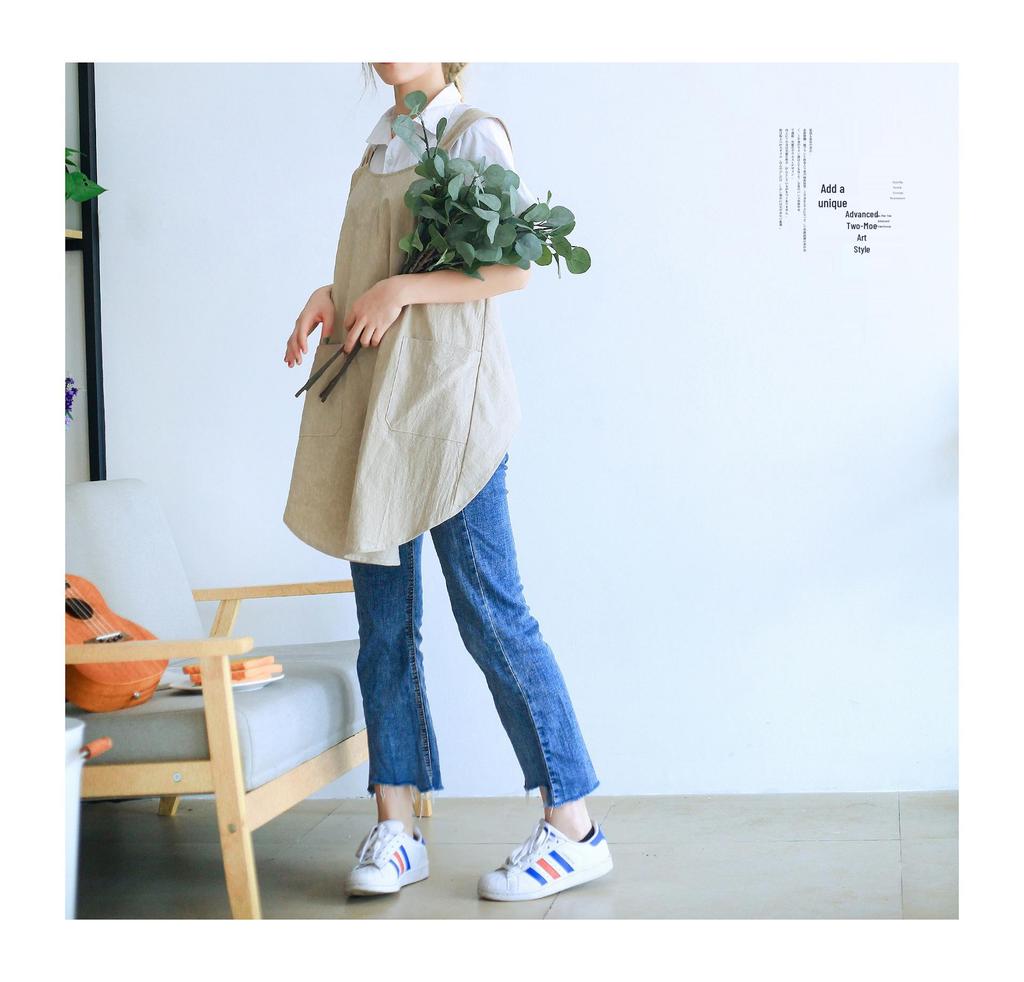 Retro Floral Cotton Linen Apron - Japanese & Korean Style, Comfortable Women's Bib with Printed Logo