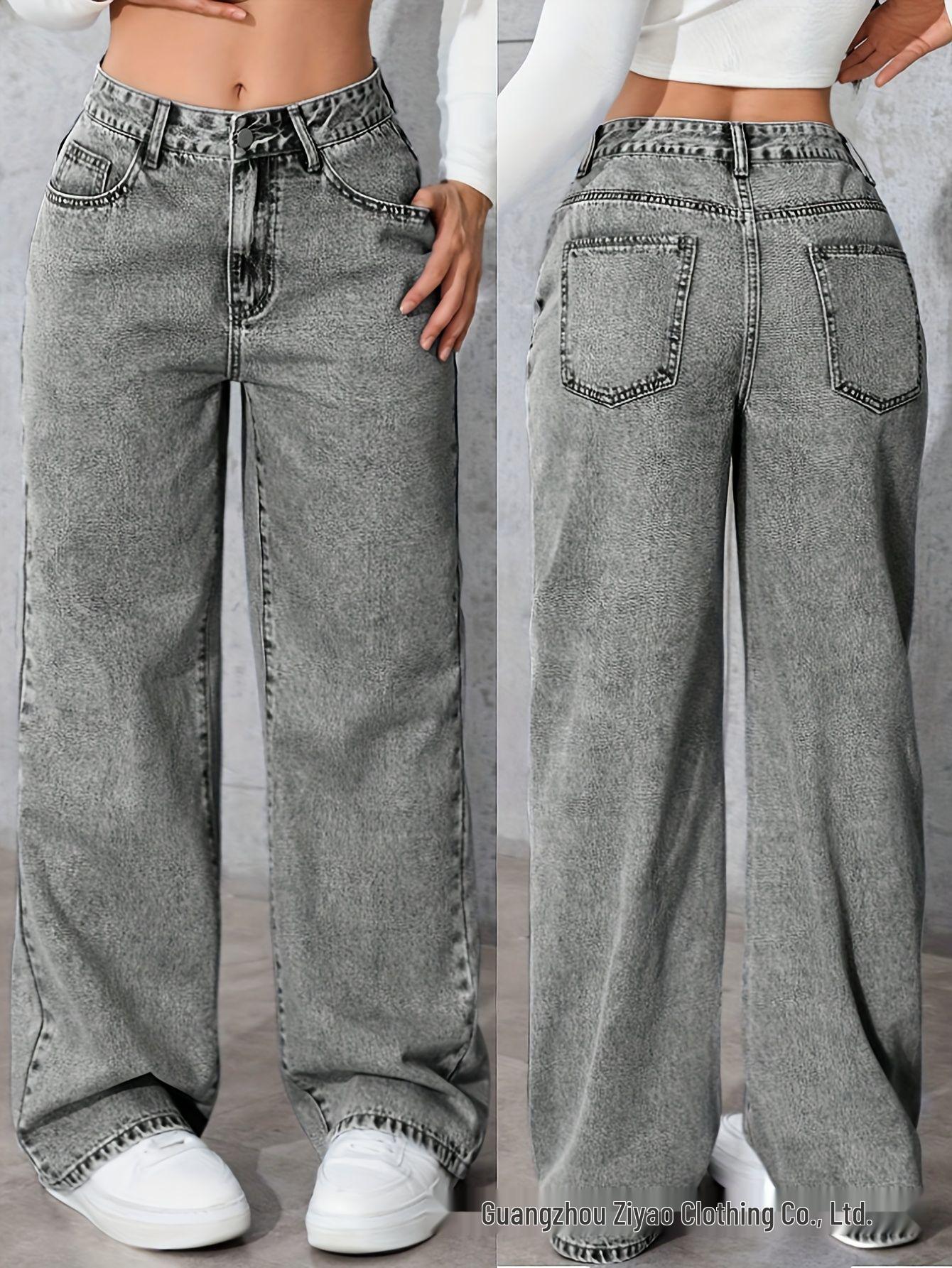 

Women s Grey Straight Leg Jeans - European & American Style, Elastic, Slimming, Floor-Length Denim Pants XL серый