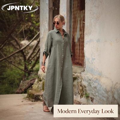 JPNTKY Fashion Autumn Winter POLO Neck Long Sleeve Solid Color Print Casual Dresses