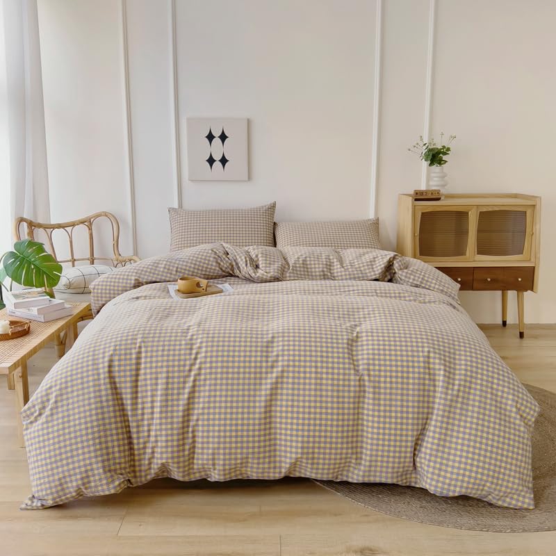 

Комплект хлопкового пододеяльника Ovege Односпальный Включает пододеяльник, простыню на резинке и наволочки Подходит для кроватей в западном и японском стиле Фиолетовый клетчатый узор 100% (3