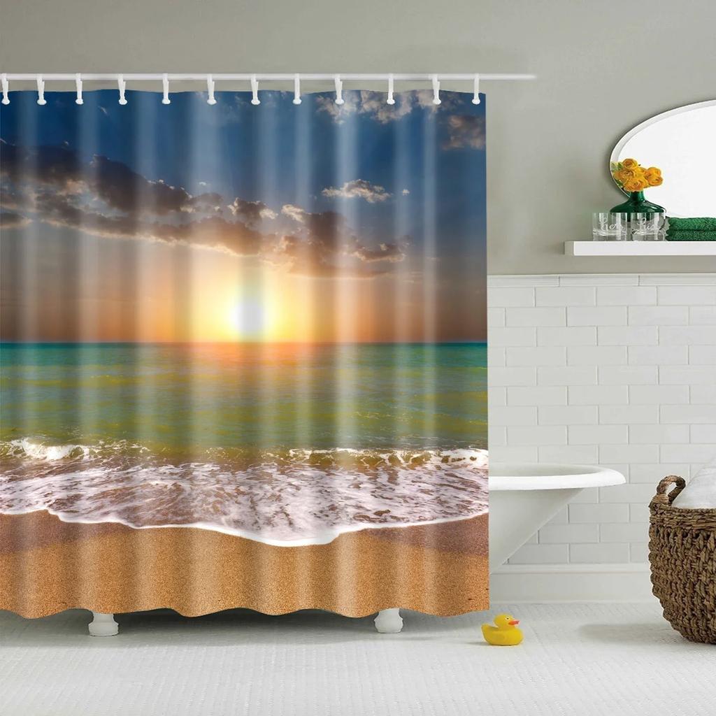 Blue Sky Beach Shower Curtain Modern Scenery Print Bathroom 3D Blackout Curtain Large 180x200cm for Bathroom
