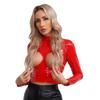 Women's Wetlook Patent Leather Mock Neck Long Sleeve Hollow Out Crop Tops Clubwear