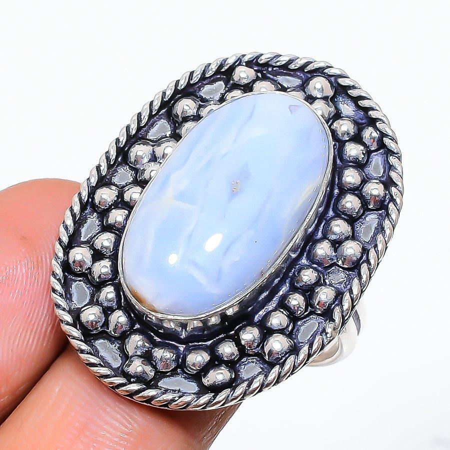 

Кольцо из стерлингового серебра 925 пробы с натуральным синим кружевным агатом ручной работы, размер 10 V3K25