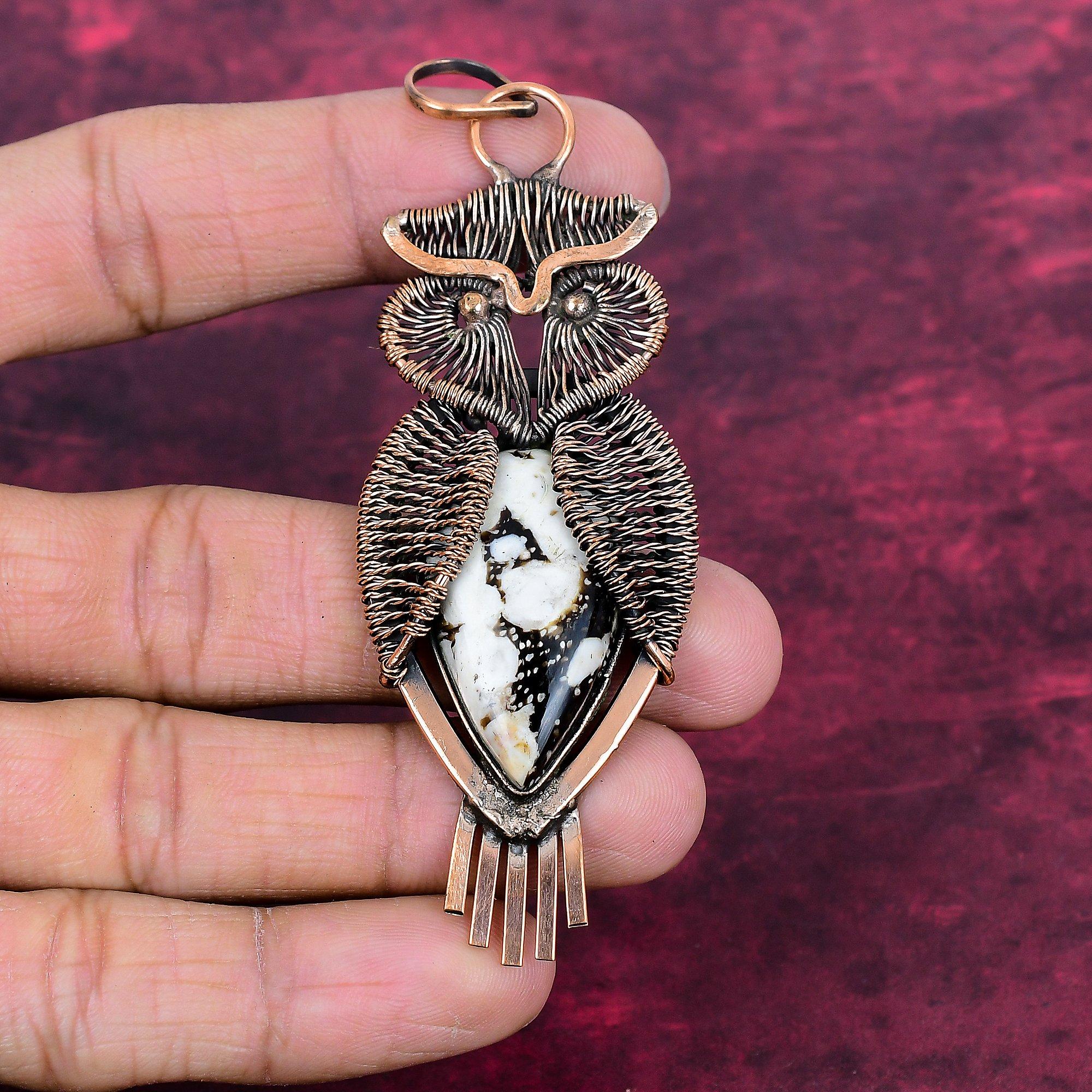 Peanut Wood Jasper Real Gemstone Pendant Owl Pendant Copper Wire Wrapped Jewelry