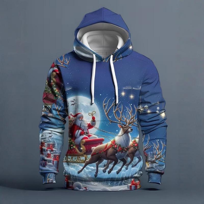 Módní pánská vánoční mikina s kapucí a stahovací šňůrkou z polyesterové tkaniny pro sváteční nošení s dlouhým rukávem a 3D potiskem
