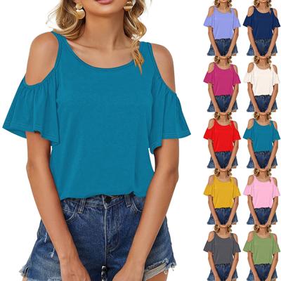 Women's Casual Breathable Loose Shoulder Short Sleeved Ruffle Sleeve Top T-shirt
