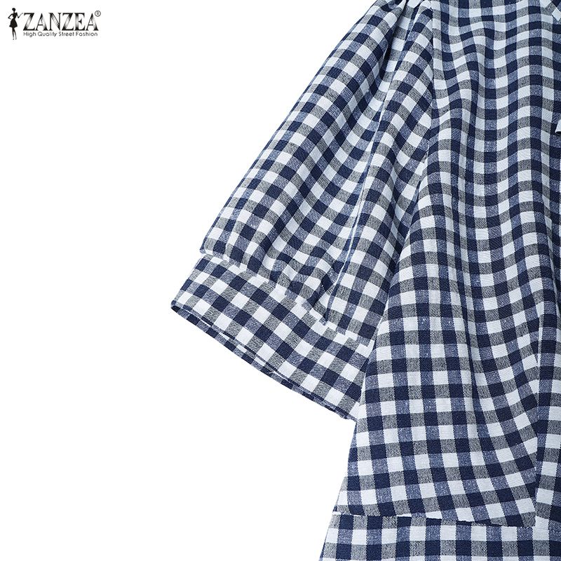 ZANZEA Women Bows Collar Summer Casual Short Sleeve Grid Print Dress