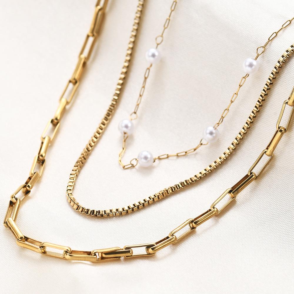 18K Gold Triple-Layer Chain Necklace with Pearl Accent - Stylish Stainless Steel Design for Women