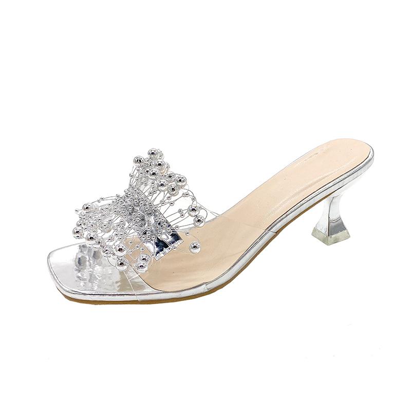 Fashion Transparent Sandals for Women in Summer Gold Beaded Thin Strap High Heel Sandals Luxury Outdoor Beach Shoes Party Sandals