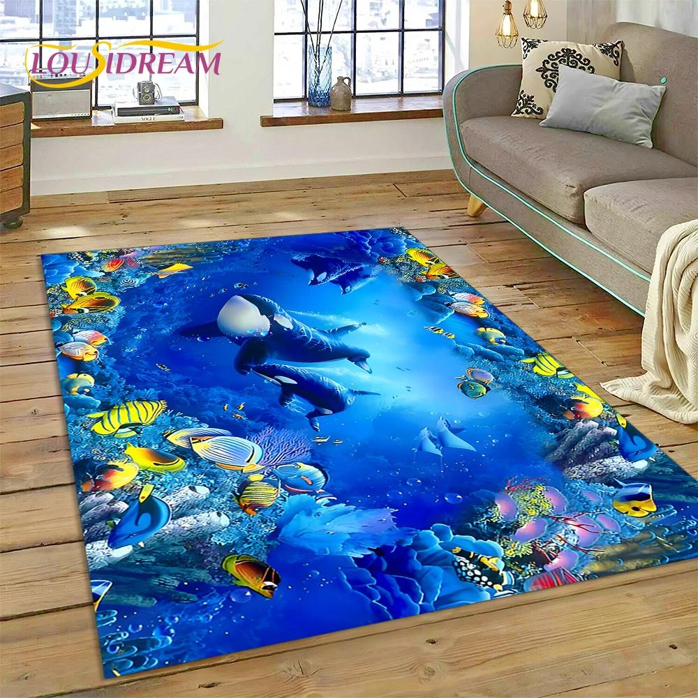 3D Illusion Underwater World Seabed Shark Dolphin Cartoon Carpet Rug for Bedroom Living Room Sofa Decoration,Kid Decor Floor Mat