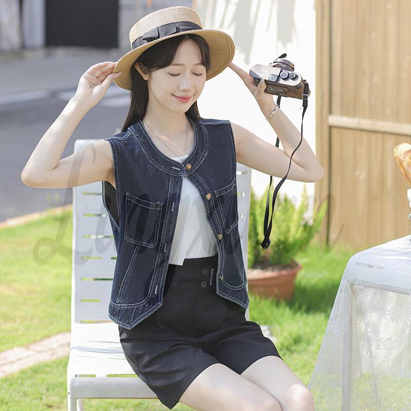 Genuine Hong Kong Style Retro Round Neck Loose Denim Vest XL темно-синий