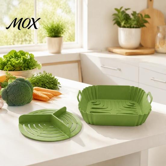 Microwave Safe Silicone Tray 2PCS Air Fryer Baking Pan with Handles, Square And Rectangular Multi Purpose Dish Oven Set, Nonstick Liner for