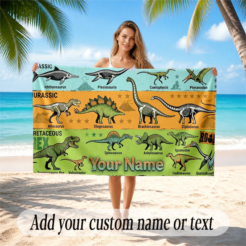 Dinosaur Theme Quick Dry Beach Towel Custom Name Text Print Large Sand Resistant Towel Beach Vacation