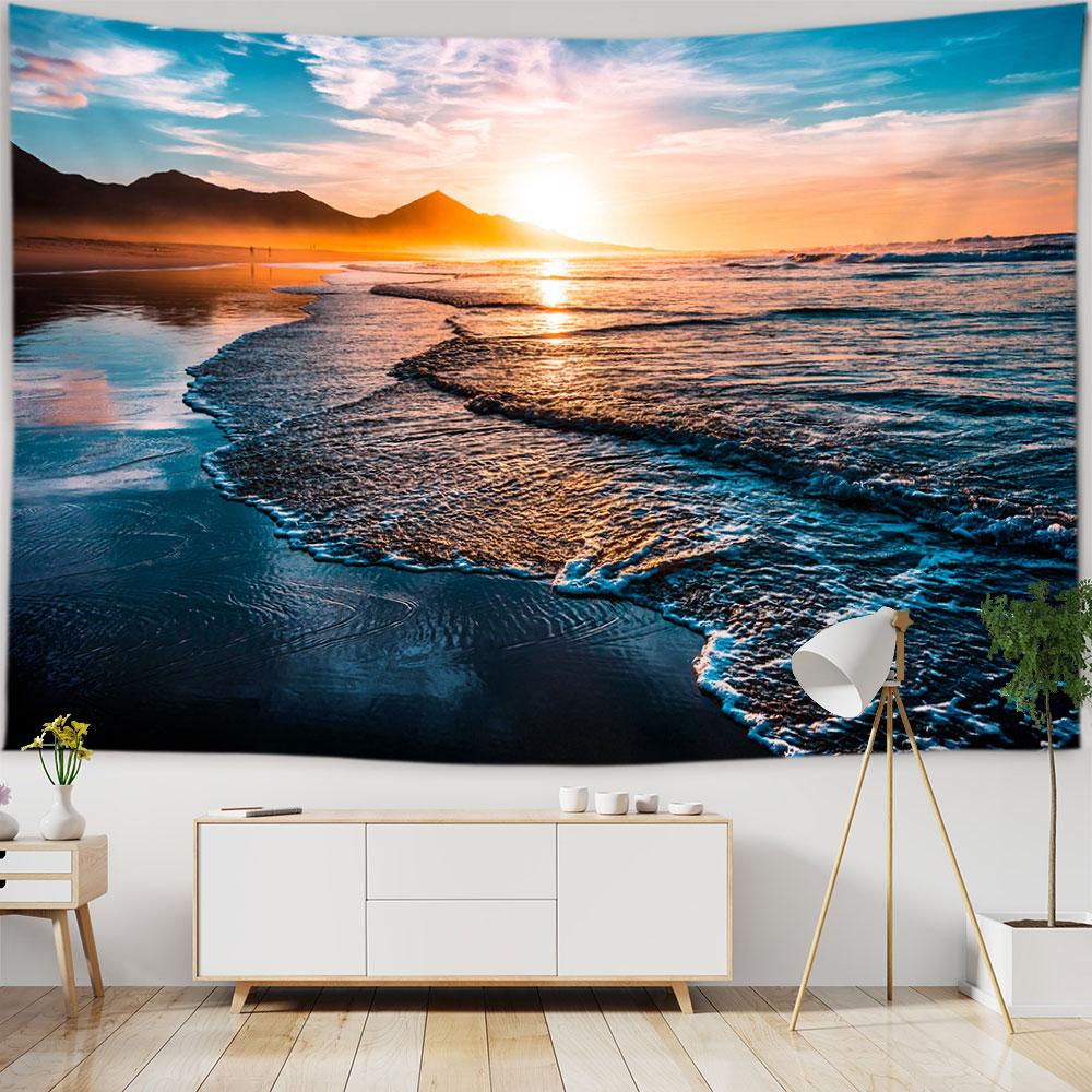 Ocean View Wall Tapestry Forest Waterfall Lotus Decoration Wall Carpet Beach Tapestry Living Room Bedroom Background Cloth
