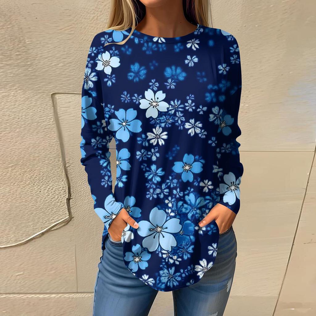 Women's Fashion Casual Round Neck Floral Long Sleeve T-shirt Pullover Long Sleeve Top