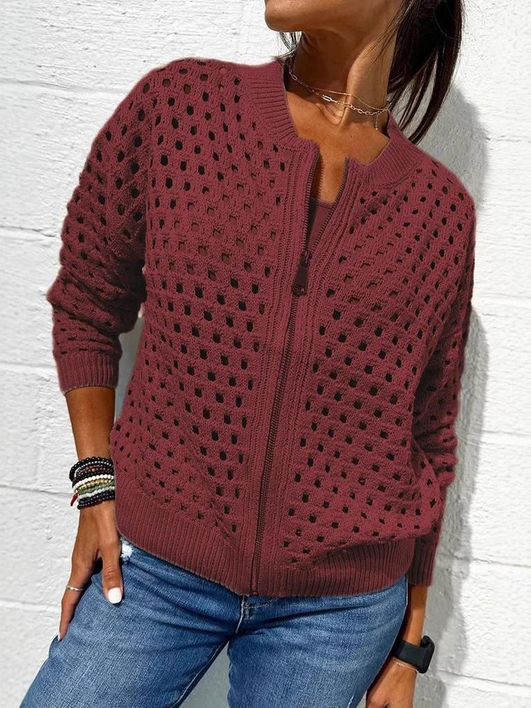 2025 Women's Casual Fashion Hollow Knit Zipper Jacket - European & American Style