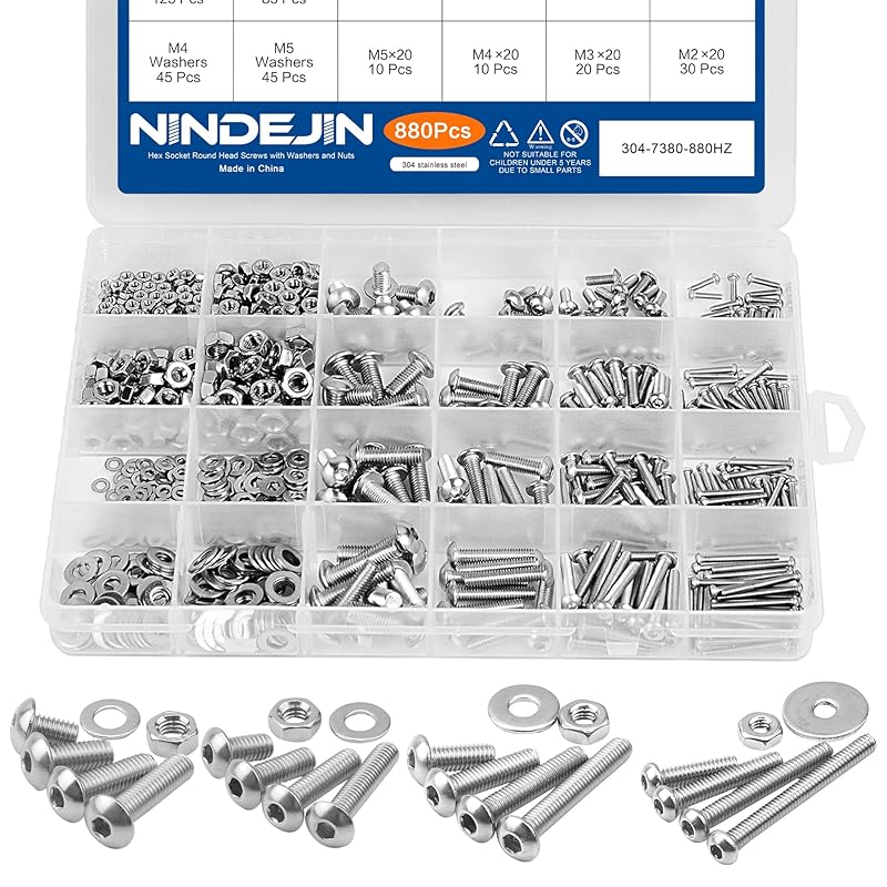 NINDEJIN Metric Button Head Socket Cap Screw Bolts & Flat Washers & Nuts Assortment Kit M2 M3 M4 M5 Stainless Steel Machine Screws Set and Wrench,