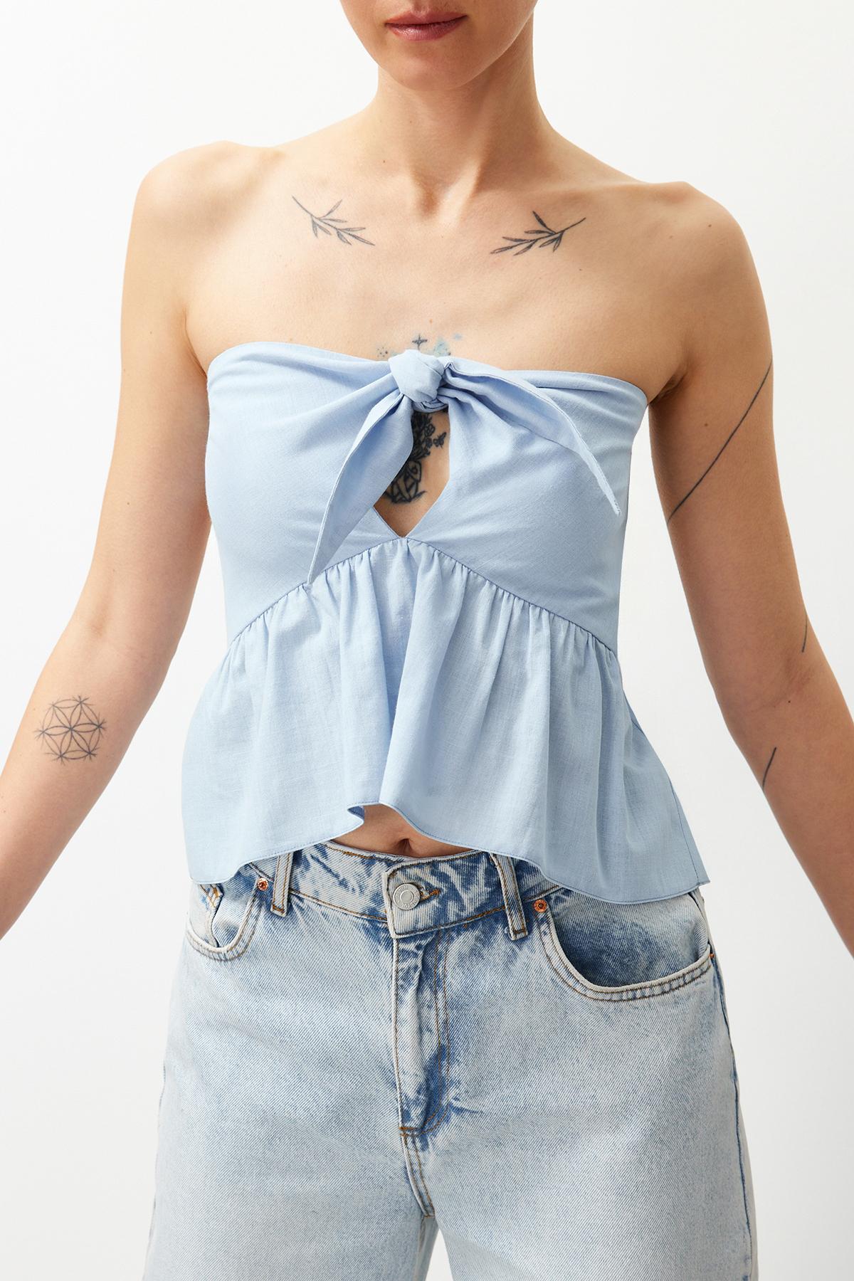 

Женская модная новая блузка Синяя тканая блузка с кружевными деталями