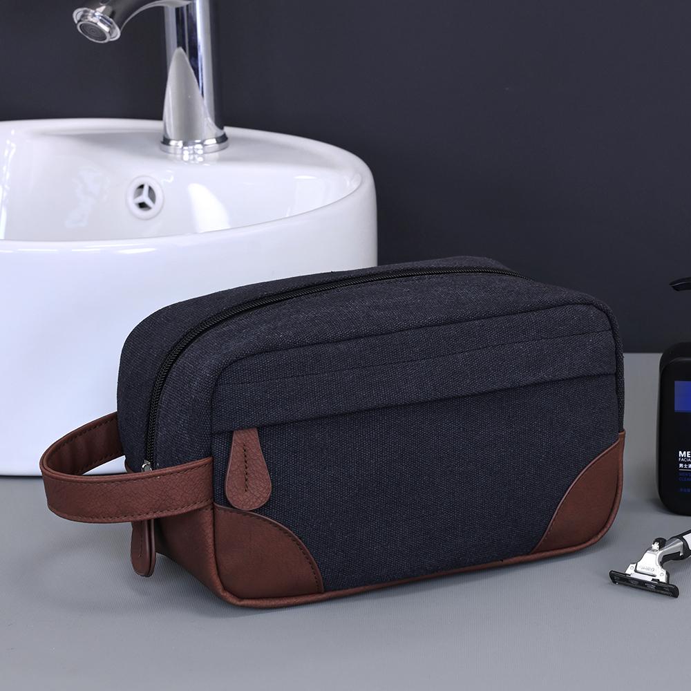 Handing Toiletry PU Leather Canvas Men Wash Shaving Women Toiletry Storage Waterproof Makeup Travel Organizer Retro Cosmetic Bag