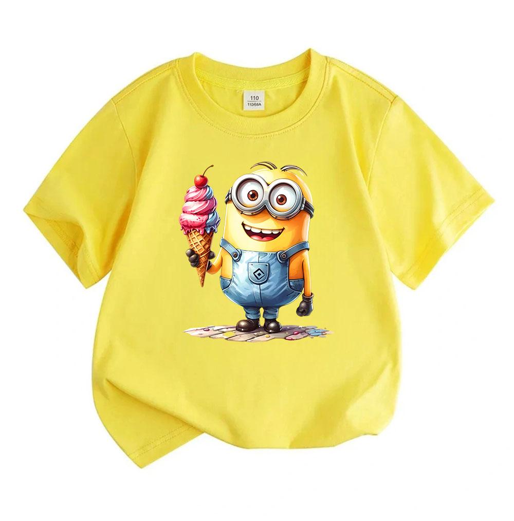 Kids Boys Girls Crew Neck Short Sleeve 100% Cotton T-Shirt, Cute Yellow Cartoon Character Hold Ice Cream Print Casual Soft Breathable Summer Tee Tops