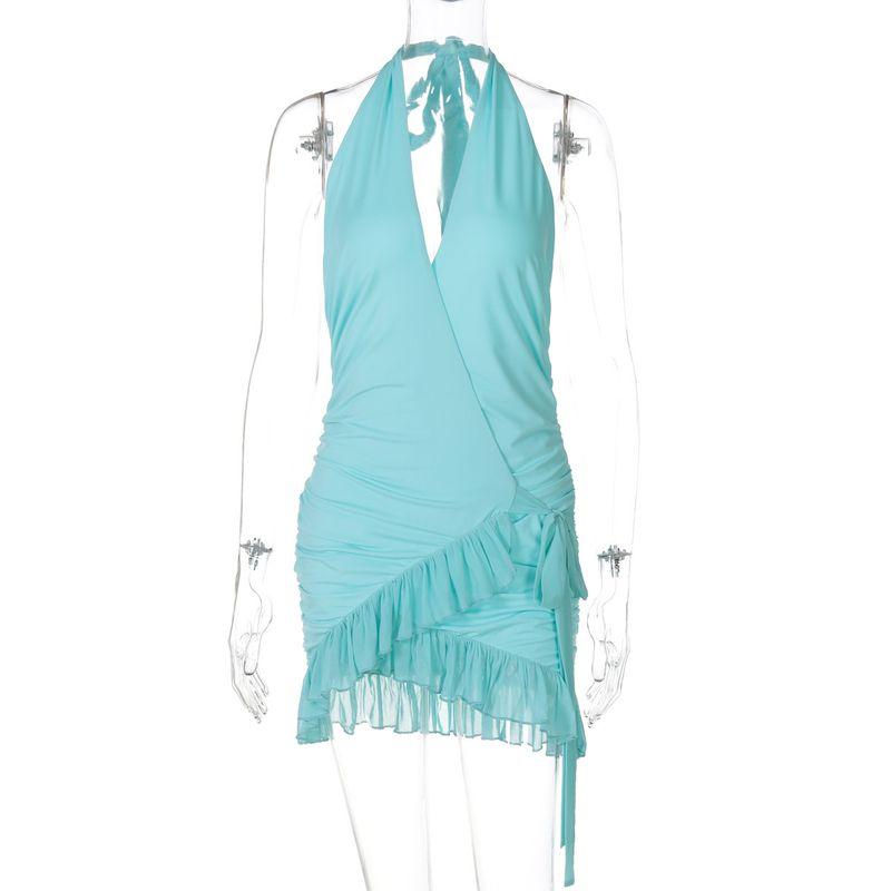 

European and American Women s Clothing 2025 Summer New Arrival Sexy Halter Bodycon Dress Deep V Lace-up Backless Lace Dress Blue L