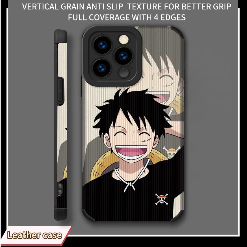

Чехол из кожи с вертикальным зернистым узором и принтом смеющегося Луффи, противоударный, мягкий силиконовый чехол с полной защитой объектива камеры для iPhone iPhone 16 чёрный