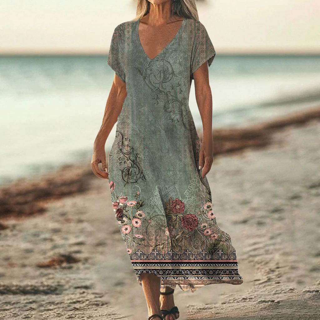 Fashion Women's Summer V-Neck Short Sleeve Vintage Floral Print Beach Dress