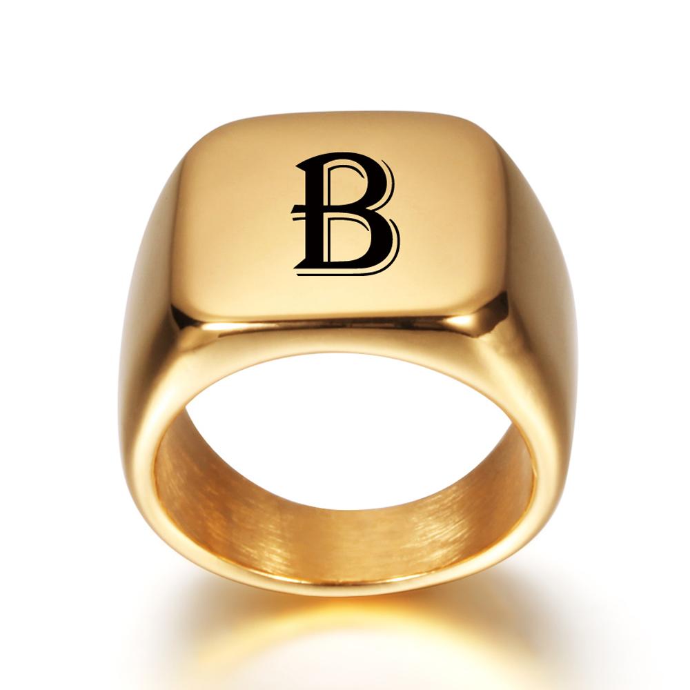 Personalised Initial Engrave A To Z Alphabet Stainless Steel Signet Blank Plain Ring Band High Polished Gold Color Tone U.S.Size