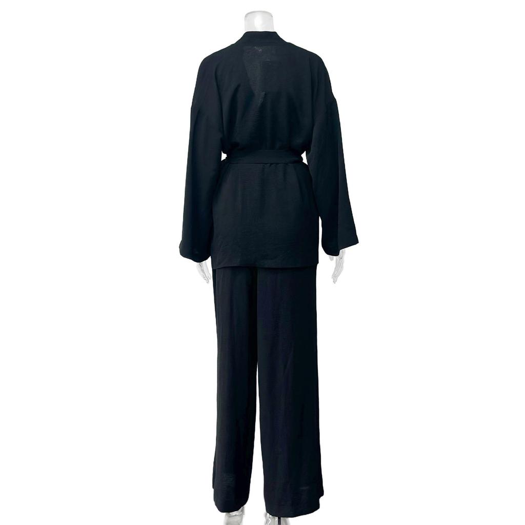 Women's Autumn Casual Two-Piece Set: Waist-Cinching Belted Cardigan & Long Pants
