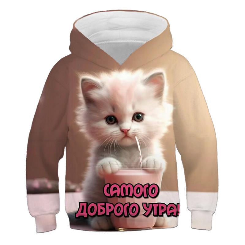 Barnkläder Flicka Huvtröjor Långärmade Tecknad 3D Katttryck Barn Vår Höst Kläder Fritidskläder Söt Utomhusflicka Kläder Toppar