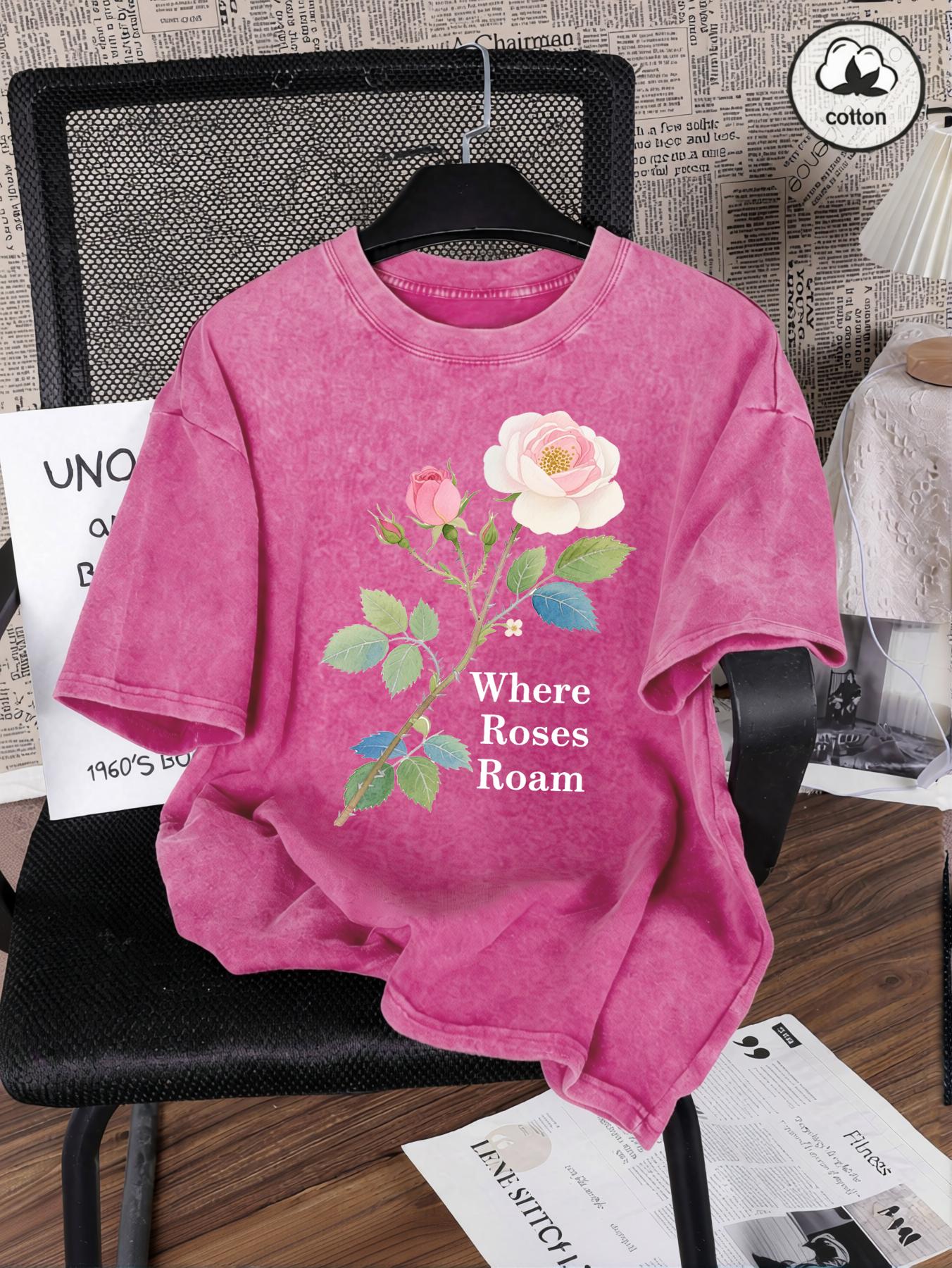 

Beautiful Rose With Thorns Print Washed T Shirt Women Summer AllMatch Top Oversized TShirts ONeck Vintage Cotton Streetwear S