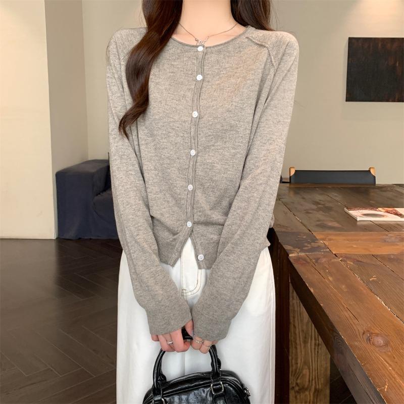

Stylish loose and simple casual shoulder sleeves crew neck knitted cardigan autumn coat women s button sweater L