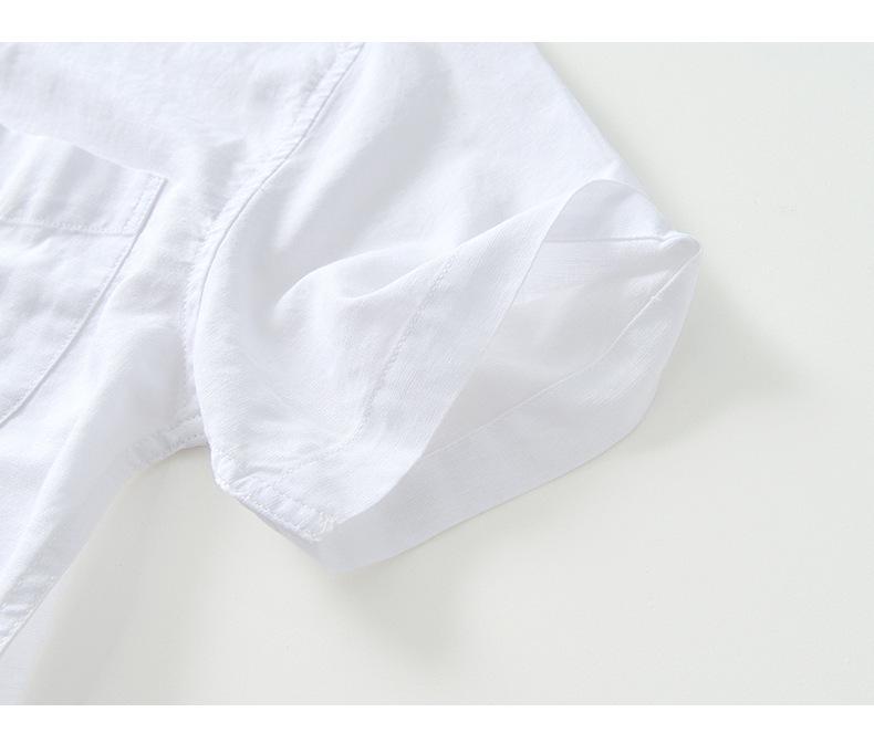 L990 Men's Minimalist Cotton Linen Square Neck Short Sleeve Shirt, Solid Color