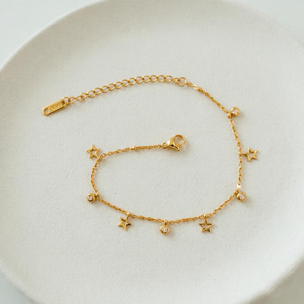 European Multi-layer 18K Gold-Plated Titanium Steel Bracelet with Star, Sun, and Heart Stone Tassels
