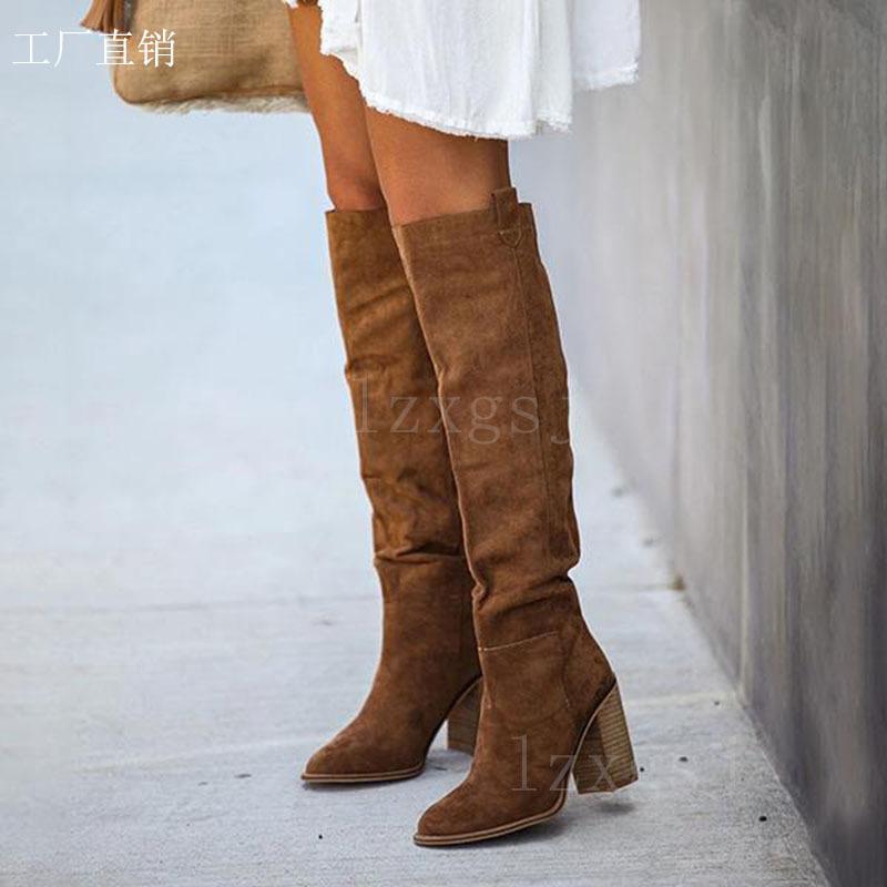 

Женские ботинки Модные Повседневные Винтажные Ретро Коричневые Остроносые Флоковые На квадратном каблуке Сапоги до колена Рукав Большой размер Женская обувь 38 коричневый