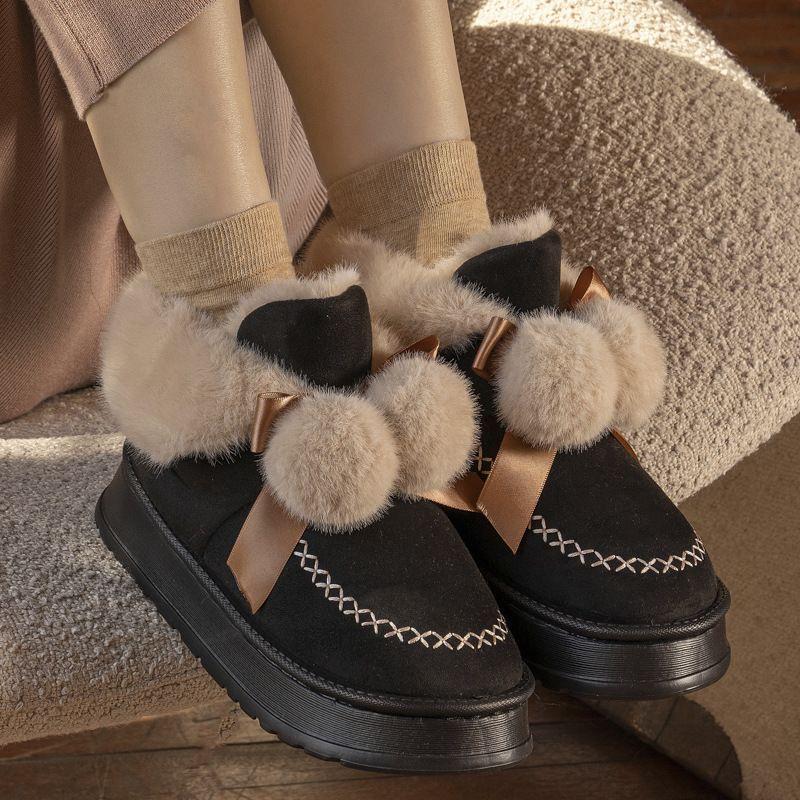 Fashion Cute Bow Snow Boots for Women Plush Round Toe Chunky Woman Shoes Non Slip Warm Footwear Trend 2025 Padded New in Winter Booties