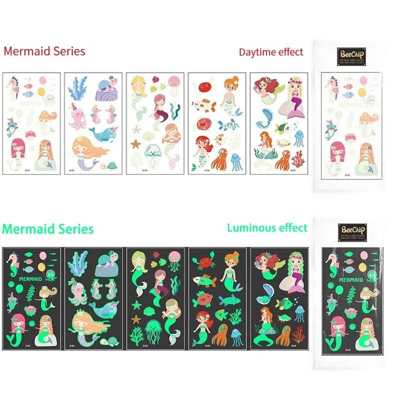 15 Sheets Carton Tatoo Kids Play Temporary Tatoo Sticker for Childrens Body Art Mermaid Sticker Glow Paste on Face Arm