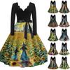 Women's Vintage Long Sleeve V-Neck Halloween Witch Print Evening Party Dress