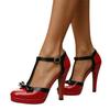 New European and American patent leather T-word with bow high-heeled sandals women's thick heel thick sole large size heels