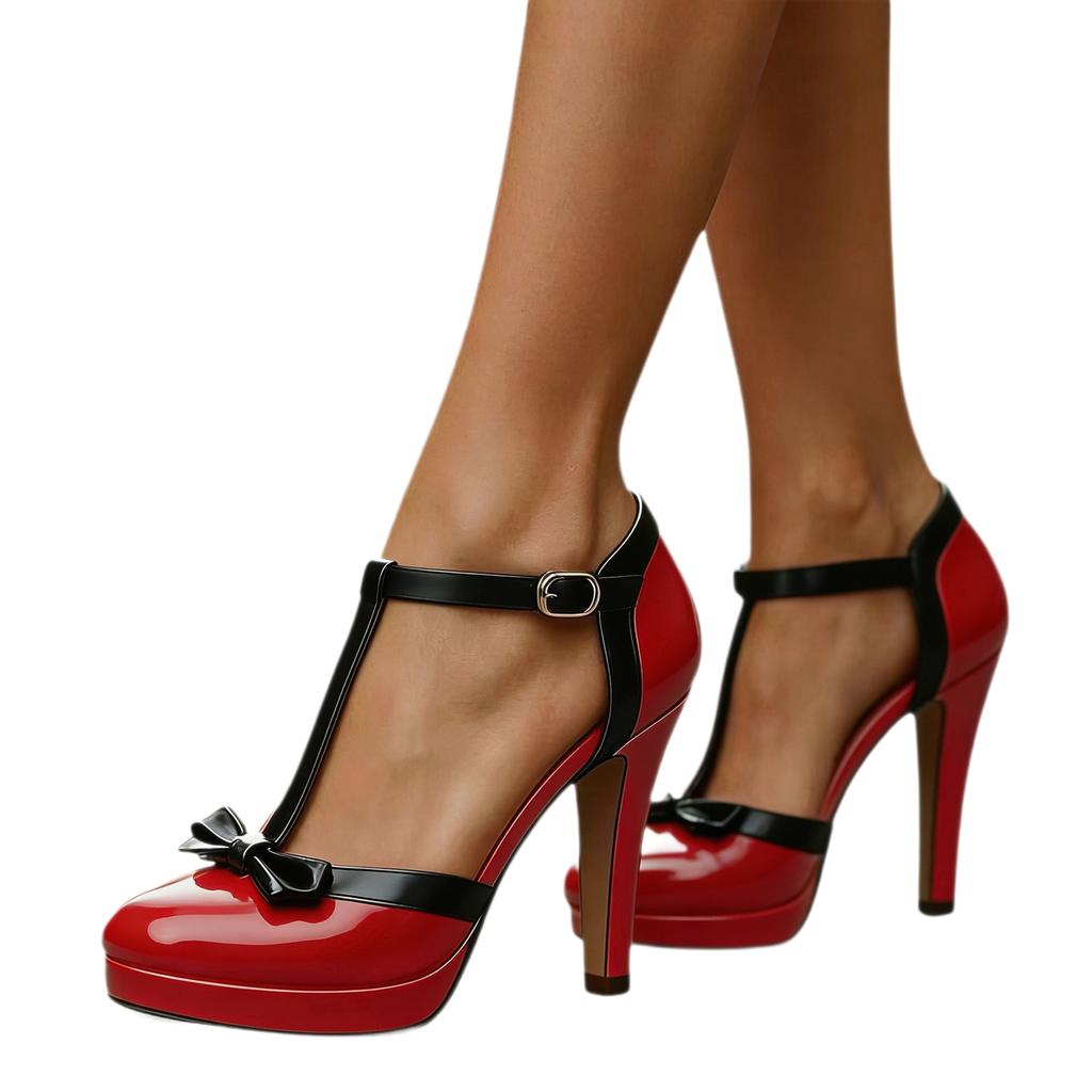 New European and American patent leather T-word with bow high-heeled sandals women's thick heel thick sole large size heels