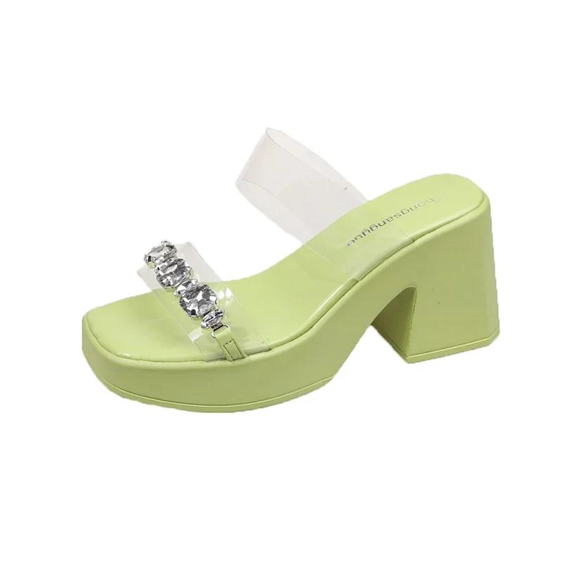 

Женские модные тапочки со стразами, квадратный носок, каблук 9 см, высокие туфли, женское платье, квадратный каблук, модная классика, Zapatillas De Mujer 42 зелёный