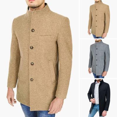 Men Stand Collar Long Sleeve Woolen Coat Single Breasted Pockets Mid-length Casual Windbreaker Outwear