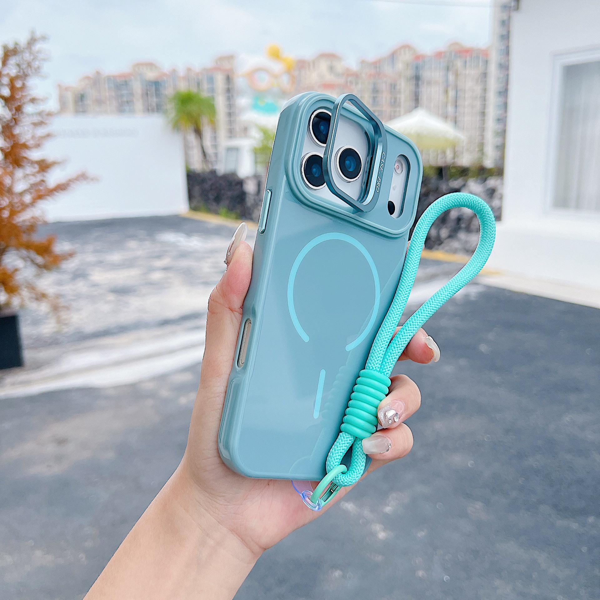 

Магнитный держатель для объектива, защитный чехол для iPhone 16/15/14 Pro Max с покрытием, имитирующим кожу, и шнурком, однотонный iPhone 15 Pro Max